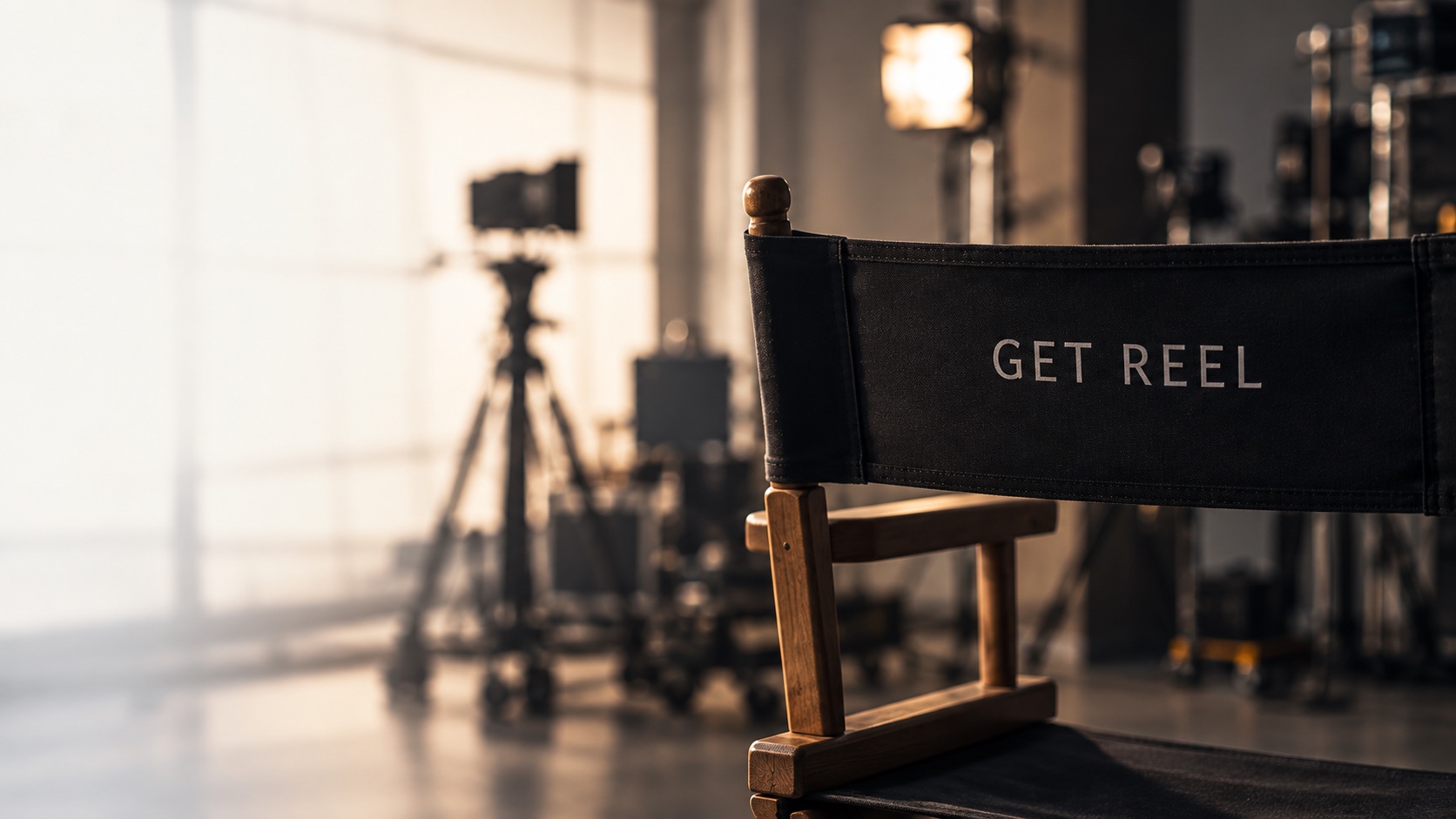 Director’s chair with GET REEL lettering in an editing studio