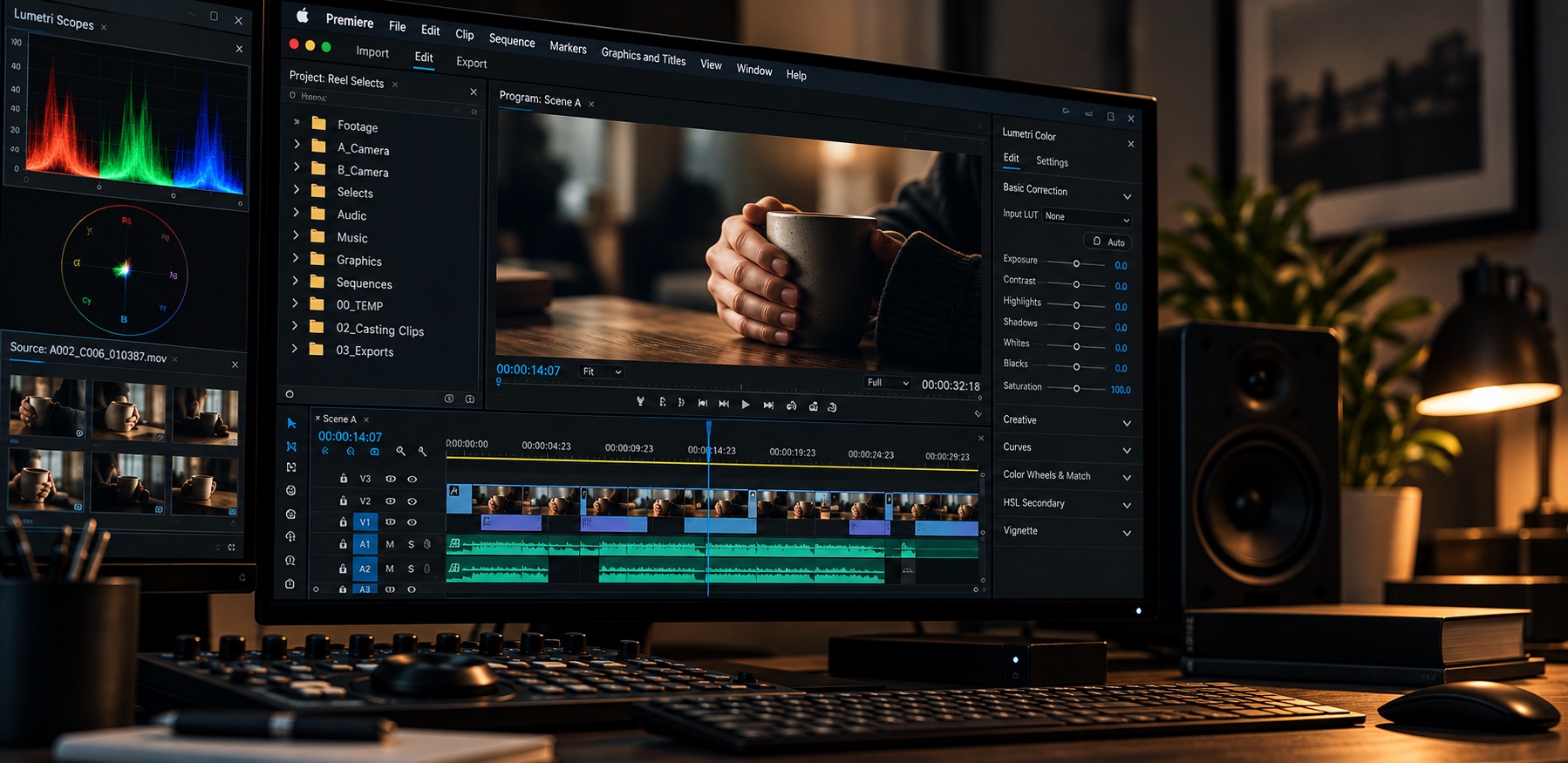 Professional video editing workspace with timeline and color scopes